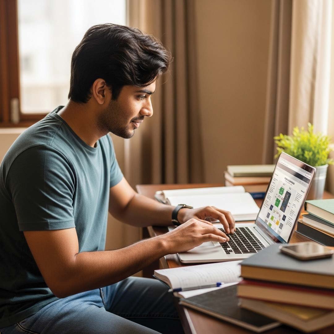 NMIMS Student studying online with laptop